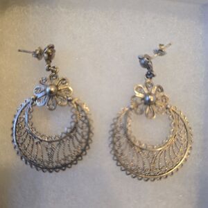 925 Sterling Silver Turkish Filigree Dangle Earrings Vintage Boho Floral 10.08g